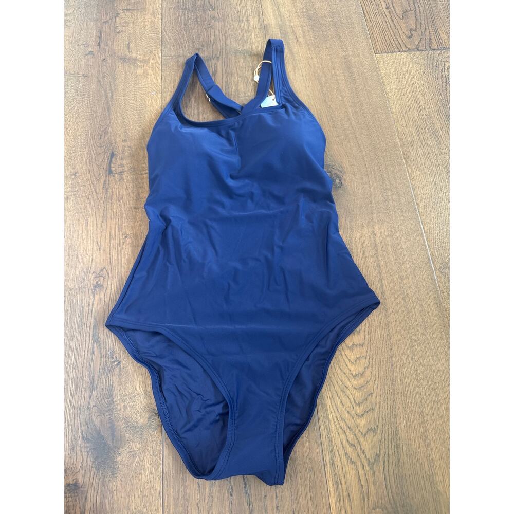 NWT Quince Italian Cross Back Navy Blue One Piece Swimsuit Women Size Small